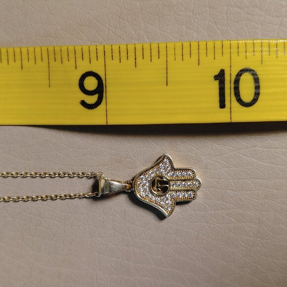 Hamsa Hand Pendant Necklace Gold Plated 925 Silver Rhinestone Accents 18 Chain - Picture 3 of 8